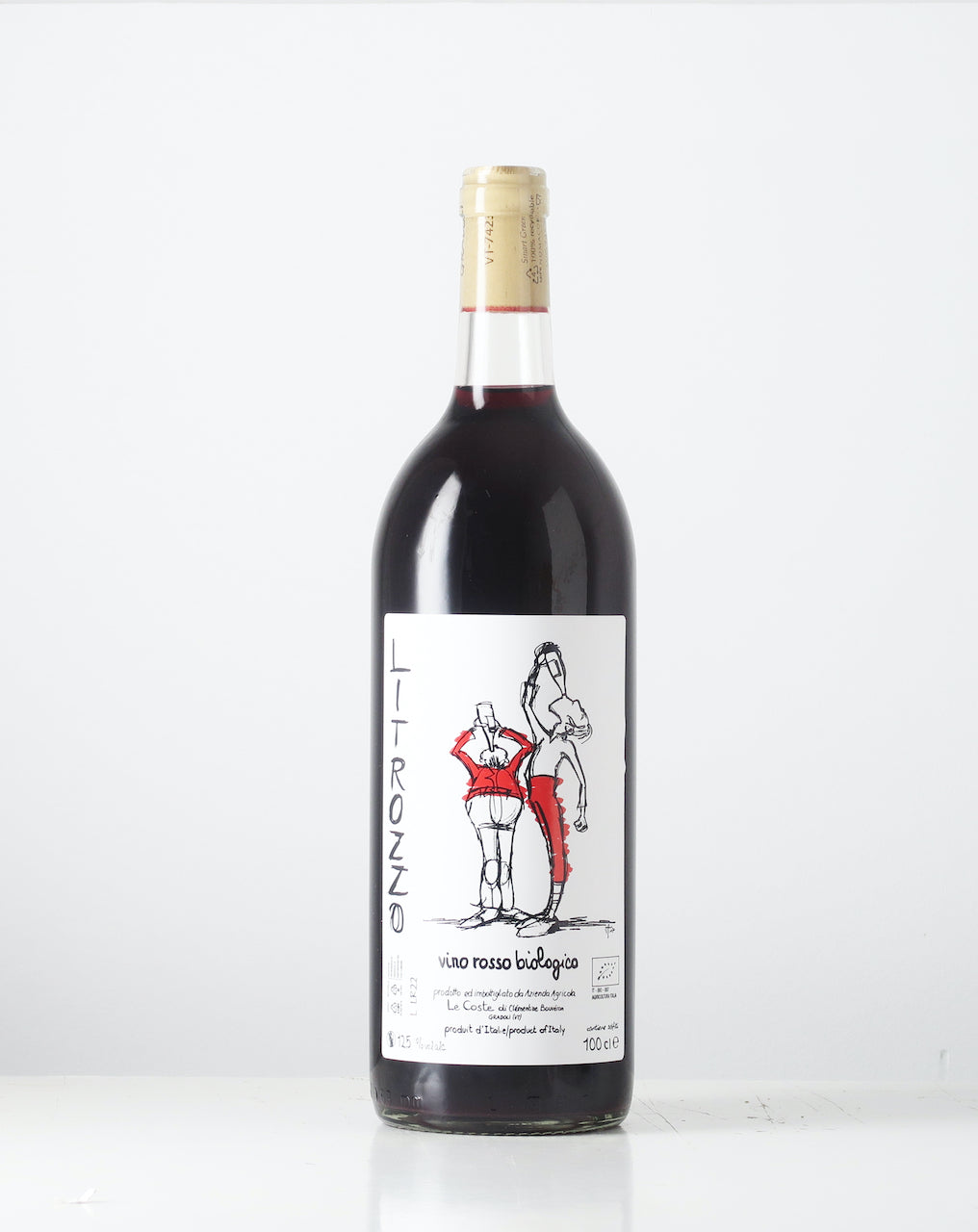 One litre of natural wine juice from Le Coste. Sangiovese, Merlot and Ciliegiolo without anything added.