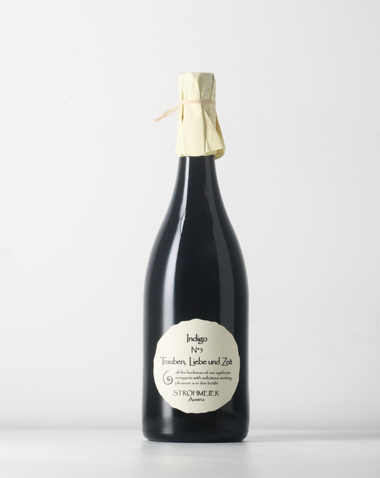 Indigo is made from Blauer Wildbacher grapes. Strohmeiers TLZ collection is only grapes, love and time, no additions in his natural wines.